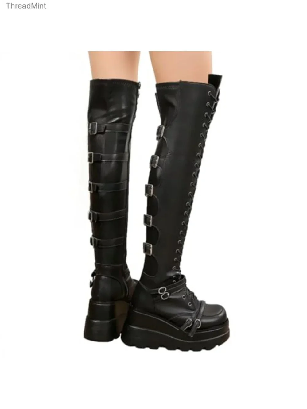 Women's Over Knee Boots Gothic Punk Thigh High Motorcycle Lace Up